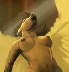  2016 anthro areola breasts brown_feathers brown_fur brown_hair equine eyes_closed feathered_wings feathers female fur hair hattonslayden long_hair mammal navel nipples nude open_mouth pegasus solo teeth wings 