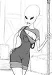  3_fingers alien areola big_breasts breasts clothed clothing female fleatrollus greys humanoid looking_at_viewer monochrome nipples not_furry simple_background smile solo teeth voluptuous wide_hips 
