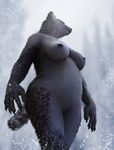  2016 anthro areola bear black_fur black_nipples breasts claws clouded_leopard feline female fur grey_fur hattonslayden hi_res hybrid leopard looking_away mammal nipples nude outside polar_bear rosettes snow solo standing white_fur 