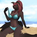  2016 angiewolf anthro beach bikini canine clothing female hair mammal off_shoulder red_hair seaside shelby solo swimsuit yellow_eyes 