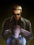  2016 albert_wesker anthro blue_eyes brown_background brown_hair capcom clothed clothing coat crossover disney duo eyewear female hair hattonslayden hi_res human judy_hopps lagomorph long_ears looking_up male mammal pink_nose police_uniform rabbit resident_evil simple_background size_difference smile sunglasses uniform video_games zootopia 