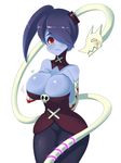  &lt;3 big_breasts blue_skin blush bone breasts cleavage clothed clothing dragon female frown hair hair_over_eye hi_res huge_breasts leviathan_(skullgirls) male red_eyes sinensian skullgirls smile solo squigly stitches undead wide_hips zombie 