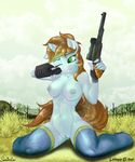  2015 absurd_res anthro anthrofied blue_body breasts brown_hair clothing equine fallout_equestria fan_character female fingerless_gloves gloves grass green_eyes gun hair handgun hi_res holding_object holding_weapon horn kneeling legwear littlepip mammal my_little_pony navel nipples nude outside pistol pussy ranged_weapon signature sky solo stockings swissleos unicorn wariza weapon 