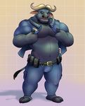  anthro barefoot belt biceps big_muscles bulge cape_buffalo chief_bogo clothed clothing disney fur grey_fur hi_res horn male musclegut muscular navel open_shirt pants pecs police_uniform red_eyes shirt solo standing undressing uniform zootopia 