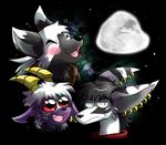  big_ears black_hair buwaro_elexion clothing demon ear_piercing eyes_closed female fur group hair horn iratu_elexion moon piercing purple_fur red_eyes rock sakido_elexion sibling sky slightly_damned star stripes sweat thadius the-chu three_wolf_moon webcomic white_fur white_hair 