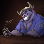  anthro brown_eyes cape_buffalo chest_tuft chief_bogo clothed clothing disney fur grey_fur hi_res horn looking_at_viewer male open_shirt pecs phone police police_uniform shirt smile solo tuft uniform zootopia 