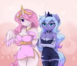  2016 anthro anthrofied breasts cleavage clothed clothing crossed_arms dress duo elbow_gloves equine female friendship_is_magic gloves hair hi_res horn lyra-senpai mammal my_little_pony pink_hair princess_celestia_(mlp) princess_luna_(mlp) sibling sisters winged_unicorn wings 