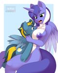  2016 anthro anthro_on_feral areola bestiality big_breasts breast_smother breasts cutie_mark duo equine fan_character feathered_wings feathers female female_on_feral feral hair hi_res horn hug kloudmutt male mammal mariah_wolves multicolored_hair my_little_pony nipples nude open_mouth pegasus smothering two_tone_hair underhoof winged_unicorn wings 