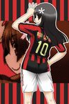  ac_milan black_hair clothes_writing cosplay flower from_behind green_eyes hair_flower hair_ornament ichimiya_hiroshi long_hair pun rui_costa rui_costa_(cosplay) saten_ruiko serie_a smile soccer_uniform solo sportswear to_aru_kagaku_no_railgun to_aru_majutsu_no_index 