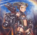  absurdres blonde_hair child copyright_request flat_chest highres mecha_musume midriff solo thighhighs tsukasa_jun weapon yellow_eyes 
