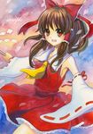  brown_hair detached_sleeves gohei hakurei_reimu jino long_hair open_mouth orange_eyes petals skirt solo touhou traditional_media watercolor_(medium) wide_sleeves 