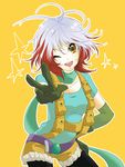  bad_id bad_pixiv_id blue_shirt multicolored_hair one_eye_closed pascal red_hair sasaki_yuki scarf shirt tales_of_(series) tales_of_graces two-tone_hair v white_hair yellow_background yellow_eyes 