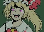  blonde_hair fangs flandre_scarlet green hat hat_ribbon laughing misopanne open_mouth pink_eyes ribbon short_hair side_ponytail simple_background solo teeth touhou 