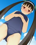  bakemonogatari black_hair blush cloud day dutch_angle flat_chest from_below frown gaou hachikuji_mayoi hair_ribbon hairband hands_clasped long_hair looking_down monogatari_(series) one-piece_swimsuit outdoors own_hands_together red_eyes ribbon school_swimsuit sky solo swimsuit twintails very_long_hair 