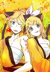  1girl :p ;p animal_ears arm_tattoo blonde_hair blue_eyes brother_and_sister cat_ears cat_tail gekokujou_(vocaloid) hadanugi_dousa hair_ornament hair_ribbon hairclip highres japanese_clothes kagamine_len kagamine_rin kimono long_sleeves one_eye_closed ribbon sarashi sash shinigami_a short_hair siblings side-by-side tail tattoo tongue tongue_out translated twins upper_body vocaloid yellow yellow_kimono 