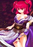  breasts cleavage hair_bobbles hair_ornament large_breasts onozuka_komachi raptor7 red_eyes red_hair scythe short_hair solo touhou two_side_up 