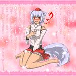  animal_ears bad_id bad_pixiv_id barefoot blush confession detached_sleeves hat highres inubashiri_momiji pov red_eyes sakura_(end_of_showa) short_hair silver_hair solo tail tokin_hat touhou translated wolf_ears wolf_tail 