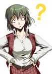  ? belt green_hair hands_on_hips head_tilt hetza_(hellshock) kazami_yuuka open_mouth plaid plaid_skirt plaid_vest red_eyes short_hair skirt skirt_set solo touhou vest 