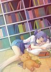  bad_id bad_pixiv_id barefoot blue_hair book clannad dutch_angle g_tong hair_bobbles hair_ornament hikarizaka_private_high_school_uniform ichinose_kotomi long_hair lying on_side pillow purple_eyes school_uniform shelf solo stuffed_animal stuffed_toy teddy_bear twintails 