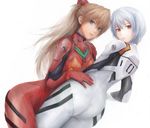  ass ayanami_rei bad_id bad_pixiv_id blue_eyes blue_hair bodysuit hair_ornament highres looking_back miche multiple_girls neon_genesis_evangelion plugsuit red_eyes red_hair shikinami_asuka_langley short_hair simple_background skin_tight souryuu_asuka_langley white_bodysuit yuri 