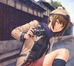  absurdres bob_cut breasts brown_eyes brown_hair camera copyright_request hat highres one_eye_closed short_hair small_breasts solo tsukasa_jun 