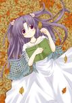  blush book clannad dress hair_bobbles hair_ornament ichinose_kotomi leaf long_hair lying patoto purple_hair smile solo two_side_up 
