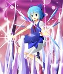  blue_eyes blue_hair bow cirno dress hair_bow open_mouth ruu_(tksymkw) short_hair solo touhou wings 