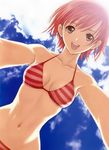  armpits backlighting bangs bikini blue_sky blush breasts breasts_apart brown_eyes cleavage cloud collarbone colored_stripes day dutch_angle foreshortening from_below halterneck happy hips looking_at_viewer navel official_art open_mouth outdoors outstretched_arms red_bikini red_hair seena_kanon shining_(series) shining_wind short_hair sky small_breasts smile solo stomach straight_hair string_bikini striped striped_bikini swimsuit tanaka_takayuki upper_body upper_teeth wide_hips 