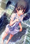  absurdres barefoot black_hair brown_eyes dress dutch_angle from_above highres long_hair one-piece_swimsuit original scan see-through skirt_hold solo swimsuit swimsuit_under_clothes takoyaki_(roast) wading water waterfall wet wet_clothes wet_hair 