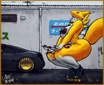  audi big_breasts big_butt breasts butt canine car claws digimon female fox high_heels looking_at_viewer mammal mostly_nude neck_tuft nipple_piercing nipples piercing renamon ring sligarthetiger solo street thick_thighs toe_claws tuft twerking vehicle voluptuous 