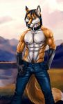  2015 abs anthro biceps black_fur black_hair black_nipples black_nose bleakcat brown_eyes bulge canine clothed clothing collar dipstick_tail ear_piercing eyewear fox fur glasses hair hi_res jeans looking_at_viewer male mammal multicolored_tail muscular muscular_male navel navel_piercing nipple_piercing nipples orange_fur orange_tail pants pecs piercing pinup pose red_fox smile solo standing todd topless white_fur 