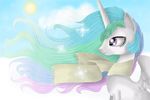  2015 chanceyb cloud equine feathered_wings feathers female feral friendship_is_magic fur hair horn mammal multicolored_hair my_little_pony outside princess_celestia_(mlp) purple_eyes royalty scarf sky smile snow solo spread_wings sun white_feathers white_fur winged_unicorn wings winter 