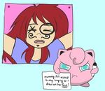  angry blue_eyes clothed clothing duo english_text eyes_closed hair human jigglypuff long_hair mammal nintendo open_mouth pen pink_skin pok&eacute;mon pok&eacute;shaming red_hair sign sleeping text tongue unknown_artist video_games waddling_head 