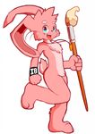  anthro barefoot blush hi_res inkbunny lagomorph looking_at_viewer mammal mascot nude on_one_foot open_mouth paintbrush pendant rabbit side_view smile solo walking whiskers whiteleo 
