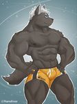  abs abstract_background anthro biceps big_muscles black_fur black_nipples black_nose black_tail blue_eyes boxers_(clothing) bulge canine clothed clothing dog fur hair kemo male mammal muscular muscular_male naruever nipples pecs smile solo standing topless underwear white_hair 