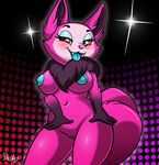  2016 3_tails absurd_res anthro areola big_breasts blue_nipples breasts canine drako1997 eyelashes eyeshadow fangs female fox fur gloves_(marking) half-closed_eyes hi_res looking_at_viewer makeup mammal markings monster multi_tail multiple_tails navel neck_tuft nipples open_mouth pink_fur pussy red_eyes solo telemonster tongue tongue_out tuft wide_hips yossi 