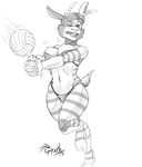  anthro arthropod bee bikini breasts buckteeth caprine clothing female goat gorath hybrid insect mammal monochrome navel nipples one_eye_closed open_mouth simple_background solo sport swimsuit teeth volleyball wardrobe_malfunction white_background wide_hips 