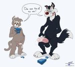  animaniacs annoyed anthro balls barefoot canine cat condom dialogue digital_media_(artwork) disney douglas_benson duo english_text erection feline front_view humanoid_penis male mammal neenya nude penis penis_size_difference signature speech_bubble standing talespin text walter_john_wolf whiskers wolf wolfblade 