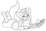  anthro bottomless canine claire_(skidd) clothed clothing eyewear fan_service female fennec fox fur hair mammal monochrome repairing simple_background skidd smile solo sweater uberquest visor webcomic white_background 