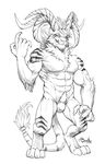  abs anthro balls biceps feline flaccid fur gorath half-closed_eyes hi_res horn hybrid looking_at_viewer male mammal monochrome muscular nude pecs penis simple_background smile solo standing teeth tiger white_background 