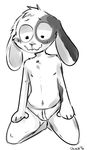  2016 anthro blush bulge chinch clothed clothing digital_media_(artwork) full-length_portrait kneeling lagomorph male mammal monochrome morty_smith pocket_mortys portrait rabbit rick_and_morty simple_background smile solo source_request topless underwear white_background 