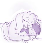 2013 anthro bed bedding black_and_white blanket boss_monster breasts caprine cleavage clothed clothing digital_media_(artwork) duo eyebrows eyelashes eyes_closed female fur goat hair horn human lonbluewolf long_ears lying male mammal monochrome pillow protagonist_(undertale) simple_background sketch sleeping smile teeth toriel undertale video_games white_background 