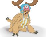  anthro bottomless brown_fur clothed clothing cuntboy cute dreiker fur girly half_lidded_eyes hat horn intersex looking_at_viewer one_piece open_mouth precum pussy shirt simple_background tank_top tony_tony_chopper 