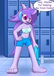  2016 absurd_res anthro breasts cleavage clothed clothing detailed_background dialogue dragon english_text female freedom_planet hair hi_res horn locker locker_room midriff navel purple_eyes purple_hair sash_lilac solo text towel veinsafterdark video_games 