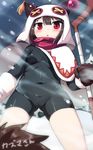  :o animal_hood blush bodysuit brown_hair covered_navel gloves highres hood kono_subarashii_sekai_ni_shukufuku_wo! megumin out_of_frame rayno red_eyes satou_kazuma short_hair snow solo_focus staff 