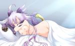  bangs breasts cleavage closed_eyes commentary_request dragon_girl dragon_horns dragon_tail g_(desukingu) gloves groin highres horns lala_(g_desukingu) lavender_hair long_hair lying medium_breasts monster_girl nipples nude on_side original pillow purple_hair scales sleeping solo tail under_covers very_long_hair 