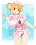  blonde_hair blush bra breasts hat headphones huge_breasts looking_at_viewer nitroplus nurse nurse_cap open_clothes open_mouth panties plump rkrk short_hair smile solo super_pochaco syringe twintails unbuttoned underwear 