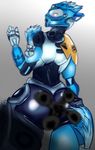  armor bionicle blue_eyes censored convenient_censorship female gali gk733 hi_res lego looking_at_viewer machine mask not_furry robot simple_background solo standing 