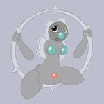  anthro anthrofied breasts eyelashes female gear grey_eyes grey_skin hi_res klinklang looking_at_viewer machine metal nintendo nude open_mouth pok&eacute;mon posexe pussy simple_background solo spread_legs spreading video_games 