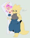  alphys bandage bikini blush clothing dakimakura_design english_text eyewear female female/female glasses hair looking_at_viewer mew_mew_(undertale) muscular pink_hair scalie scar siqlyprince solo swimsuit text underswap undertale video_games 